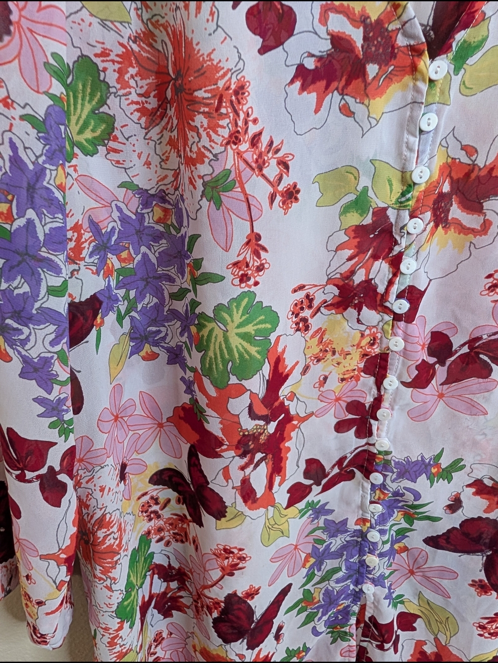 Caffe Marrakesh XL Floral Butterfly Print Tunic Long Sleeve Button Front V-Neck - Picture 4 of 7